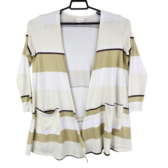 Womens LuLaRoe Beige & Brown Striped Open Front Cardigan Pockets Long Sleeve M - Picture 1 of 8